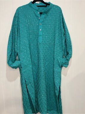Turquoise Embroidered Sequin Cotton Tunic Dress Boho  Coastal Cottagecore